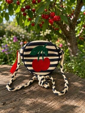 Paper Source Striped Round Crossbody Bag with Cherry Applique-NWOT